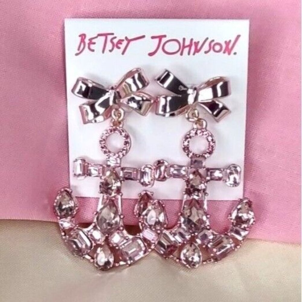 Betsey Johnson Earrings Bow Anchor Pink Metallic Crystal Novelty Barbie